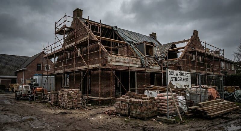 Verlaten bouwplaats met half afgebouwd project en bouwmaterialen die onaangeroerd liggen