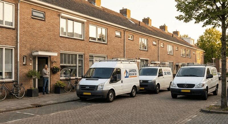 Meerdere bedrijfsbusjes van aannemers geparkeerd voor een Nederlands rijtjeshuis - het keuzemoment