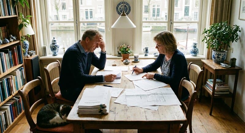 Huiseigenaar bekijkt hypotheekdocumenten en verbouwplannen aan de eettafel
