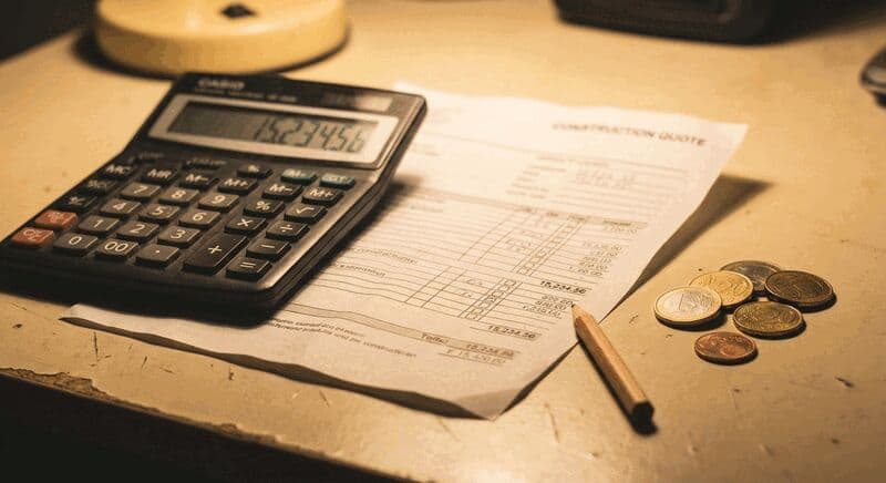 Rekenmachine naast een bouwfactuur met focus op BTW-berekeningen en eurobedragen