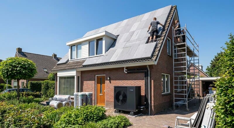 Modern Nederlands huis met isolatiemateriaal op het dak en een warmtepomp naast de gevel