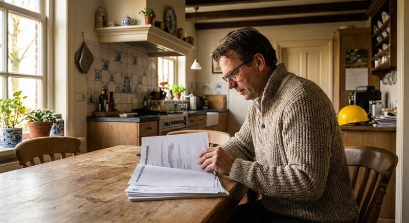 Huiseigenaar die garantiedocumenten doorleest aan de keukentafel met een bouwhelm op de achtergrond