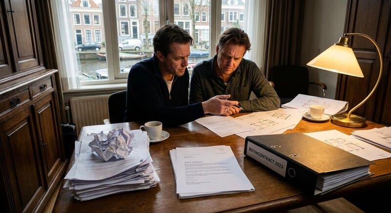 Frustrerende situatie met een bouwproject: documenten en een ingebrekestelling op een bureau