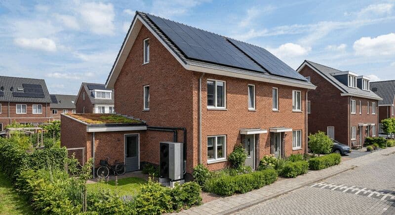 Modern Nederlands huis met zonnepanelen op het dak en een warmtepomp aan de zijgevel