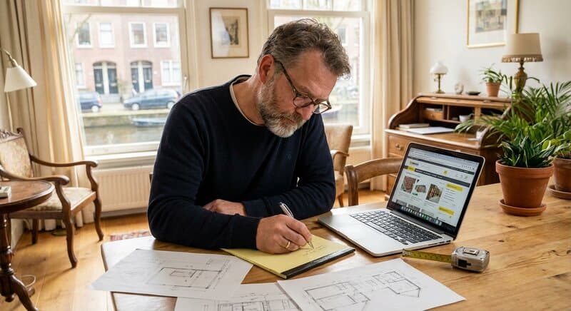 Huiseigenaar maakt notities voor het aanvragen van een offerte bij een aannemer