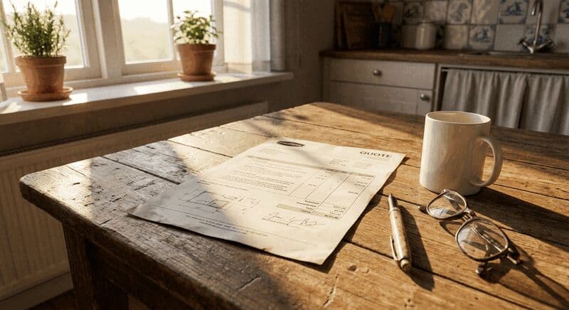 Bouwofferte op een houten keukentafel met koffie en een pen in warm ochtendlicht