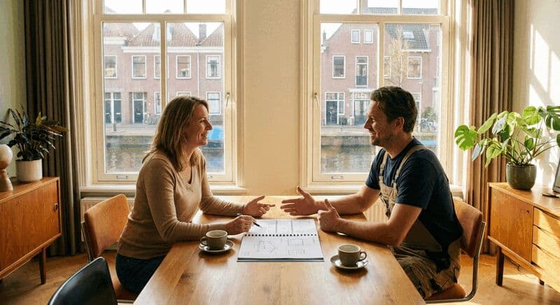 Huiseigenaar en aannemer in gesprek aan tafel met een bouwofferte ertussen