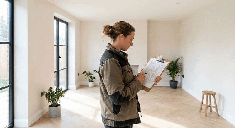 Persoon met checklist die de oplevering controleert in een net gerenoveerde kamer met nieuwe vloer