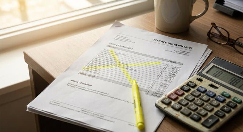 Close-up van een bouwofferte met gemarkeerde stelposten en een rekenmachine ernaast