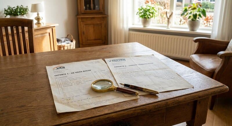 Twee bouwoffertes naast elkaar op een tafel met een weegschaal ertussen als symbool voor vergelijking