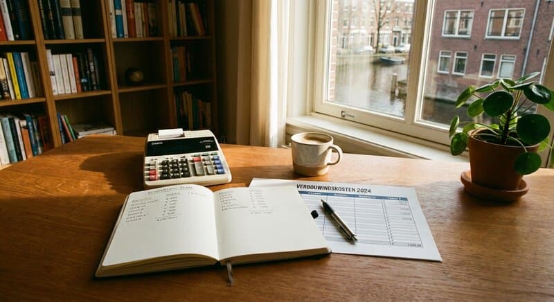 Rekenmachine, notitieboek en een spreadsheet met verbouwingskosten op een bureau