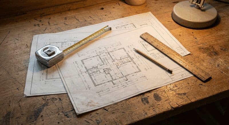 Bouwkundige plattegrond en blauwdrukken op een werktafel met meetlint en potlood