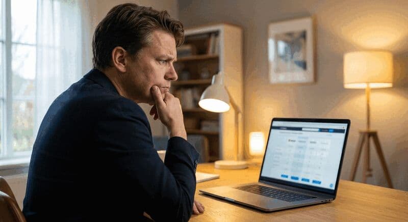 Persoon achter laptop die twijfelend naar een vergelijkingswebsite voor aannemers kijkt