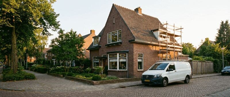 Typisch Nederlands jaren '30 bakstenen huis met bouwsteiger en bedrijfsbusje tijdens verbouwing